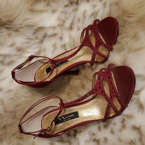 Nina Red/Burgundy Satin Heels with red rhinestones. Classy!